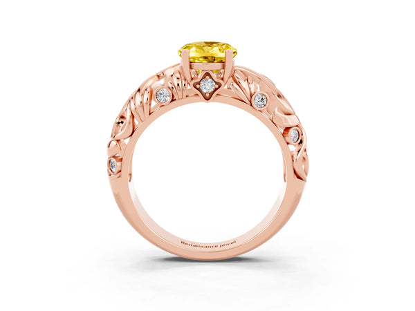 Rose gold Oval Cut Solitaire Yellow Sapphire Leaf-Inspired Vine Band Ring with Prong Setting
