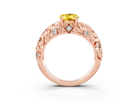 Rose gold Oval Cut Solitaire Yellow Sapphire Leaf-Inspired Vine Band Ring with Prong Setting_27
