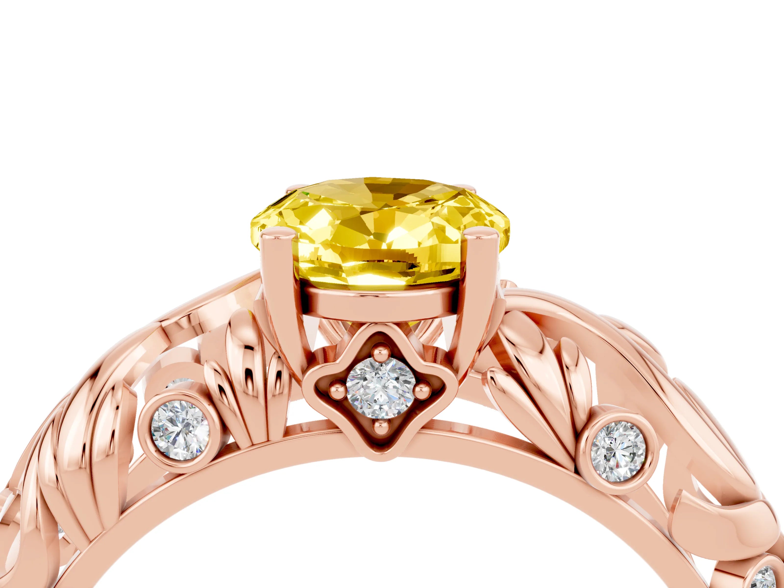 Rose gold Oval Cut Solitaire Yellow Sapphire Leaf-Inspired Vine Band Ring with Prong Setting_28