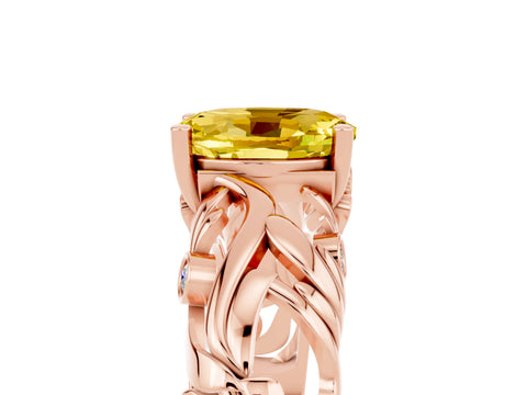 Rose gold Oval Cut Solitaire Yellow Sapphire Leaf-Inspired Vine Band Ring with Prong Setting_29