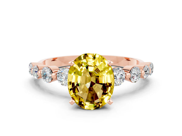 Rose gold Oval Cut Solitaire Yellow Sapphire Ring with Pave Band and Four-Prong Setting