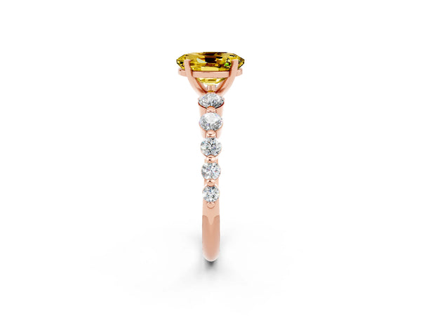 Rose gold Oval Cut Solitaire Yellow Sapphire Ring with Pave Band and Four-Prong Setting