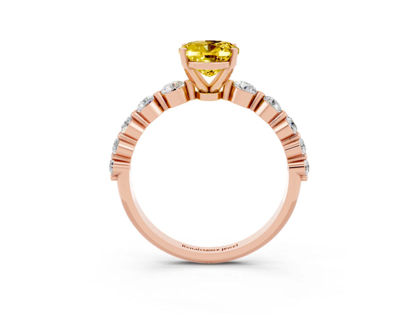 Rose gold Oval Cut Solitaire Yellow Sapphire Ring with Pave Band and Four-Prong Setting