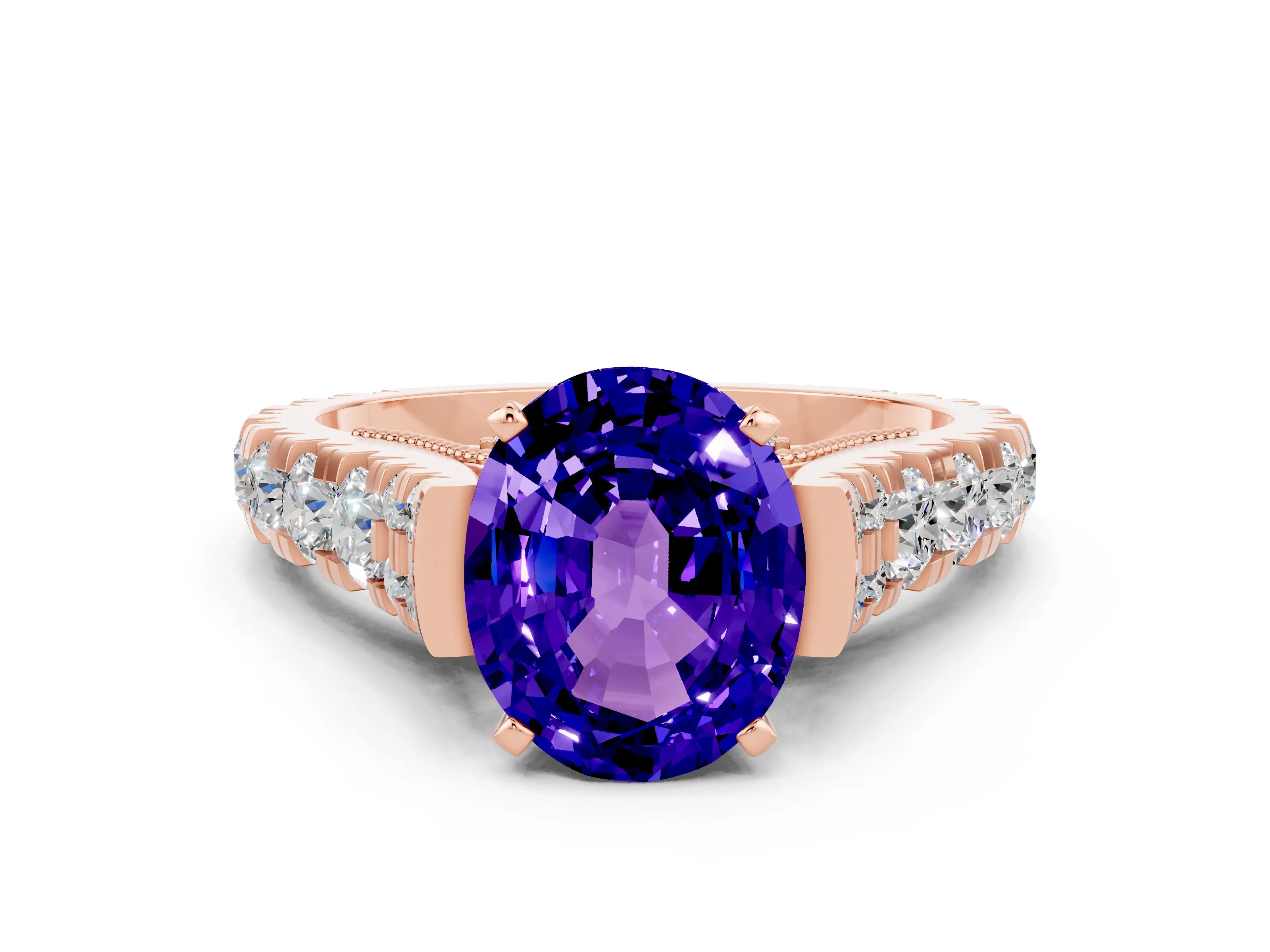 Rose gold Oval Cut Tanzanite Classic Solitaire Ring with Pavé Band and Four-Prong Setting