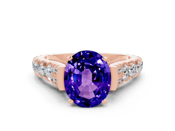 Rose gold Oval Cut Tanzanite Classic Solitaire Ring with Pavé Band and Four-Prong Setting