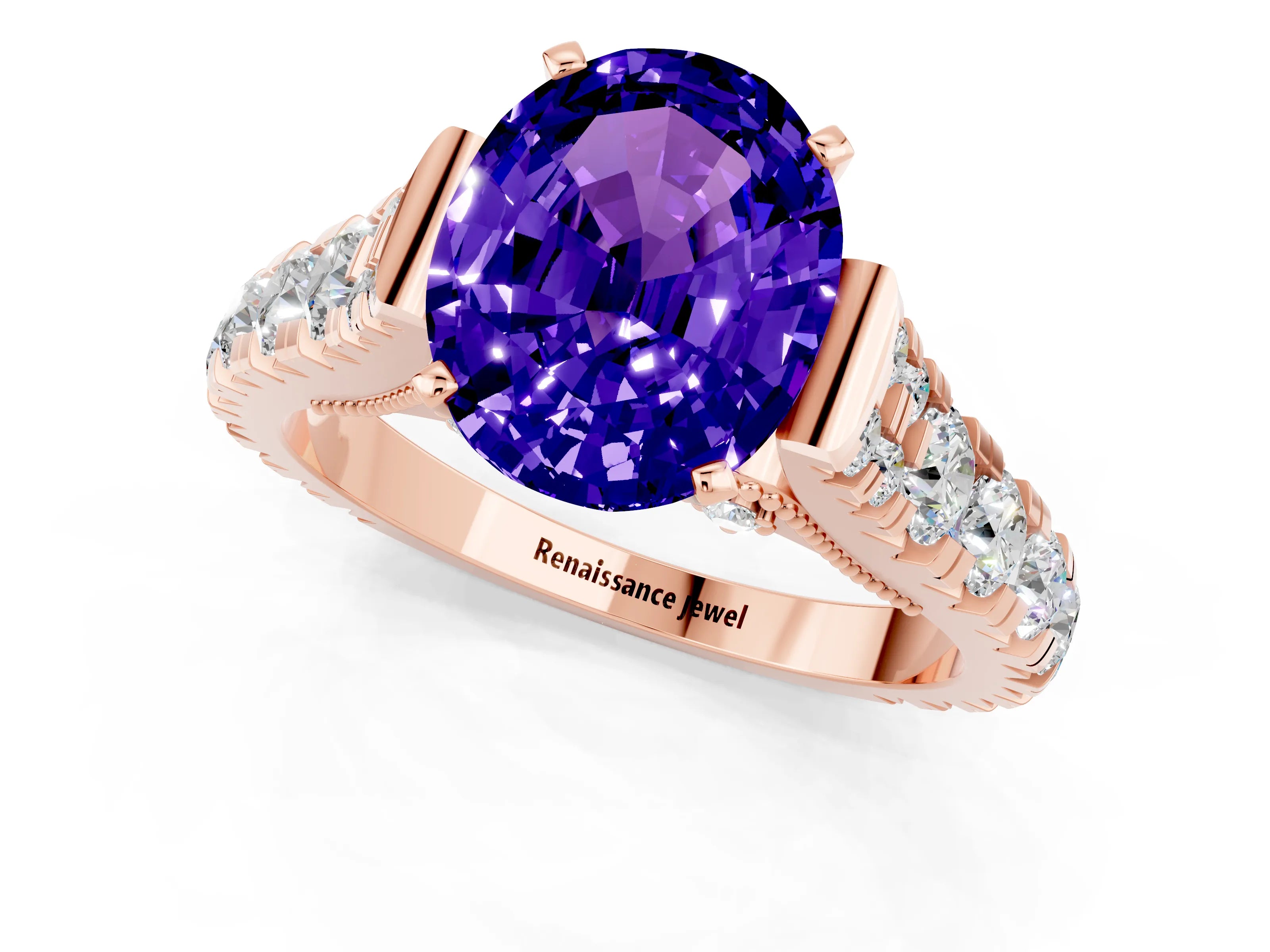 Rose gold Oval Cut Tanzanite Classic Solitaire Ring with Pavé Band and Four-Prong Setting_1
