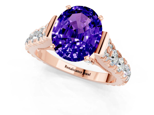 Rose gold Oval Cut Tanzanite Classic Solitaire Ring with Pavé Band and Four-Prong Setting
