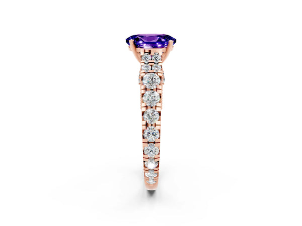 Rose gold Oval Cut Tanzanite Classic Solitaire Ring with Pavé Band and Four-Prong Setting