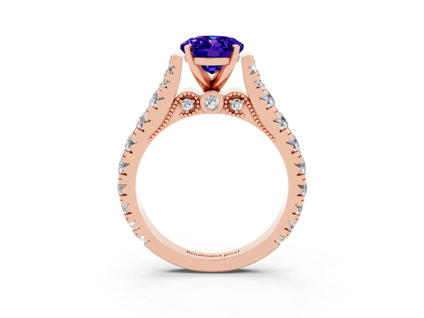 Rose gold Oval Cut Tanzanite Classic Solitaire Ring with Pavé Band and Four-Prong Setting