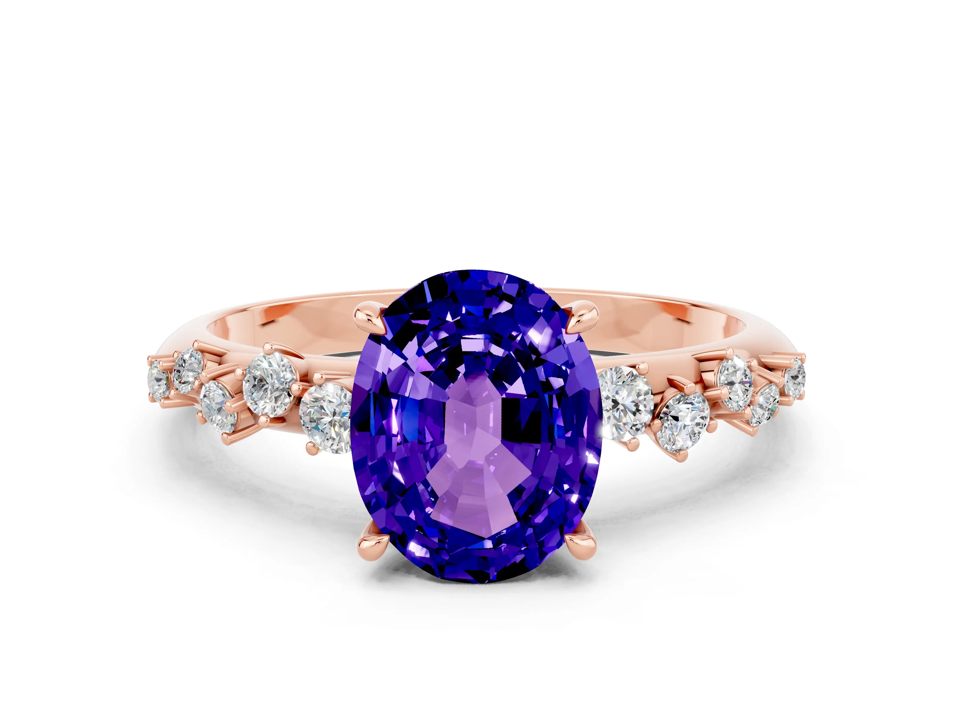 Rose gold Oval Cut Tanzanite Cluster Side Stone Solitaire Ring with Prong Setting_24