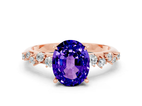 Rose gold Oval Cut Tanzanite Cluster Side Stone Solitaire Ring with Prong Setting