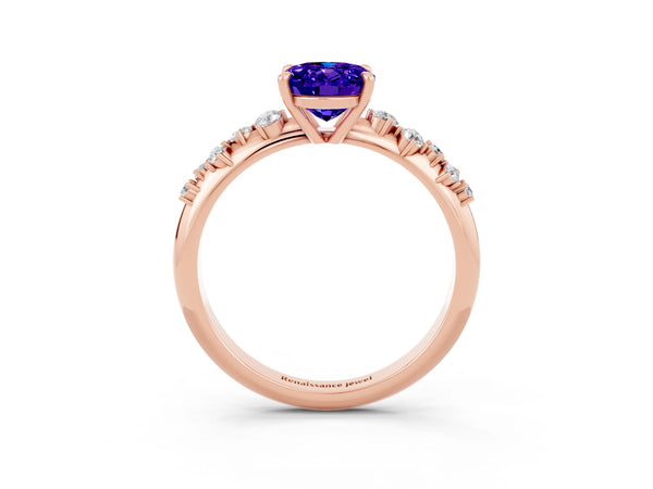 Rose gold Oval Cut Tanzanite Cluster Side Stone Solitaire Ring with Prong Setting