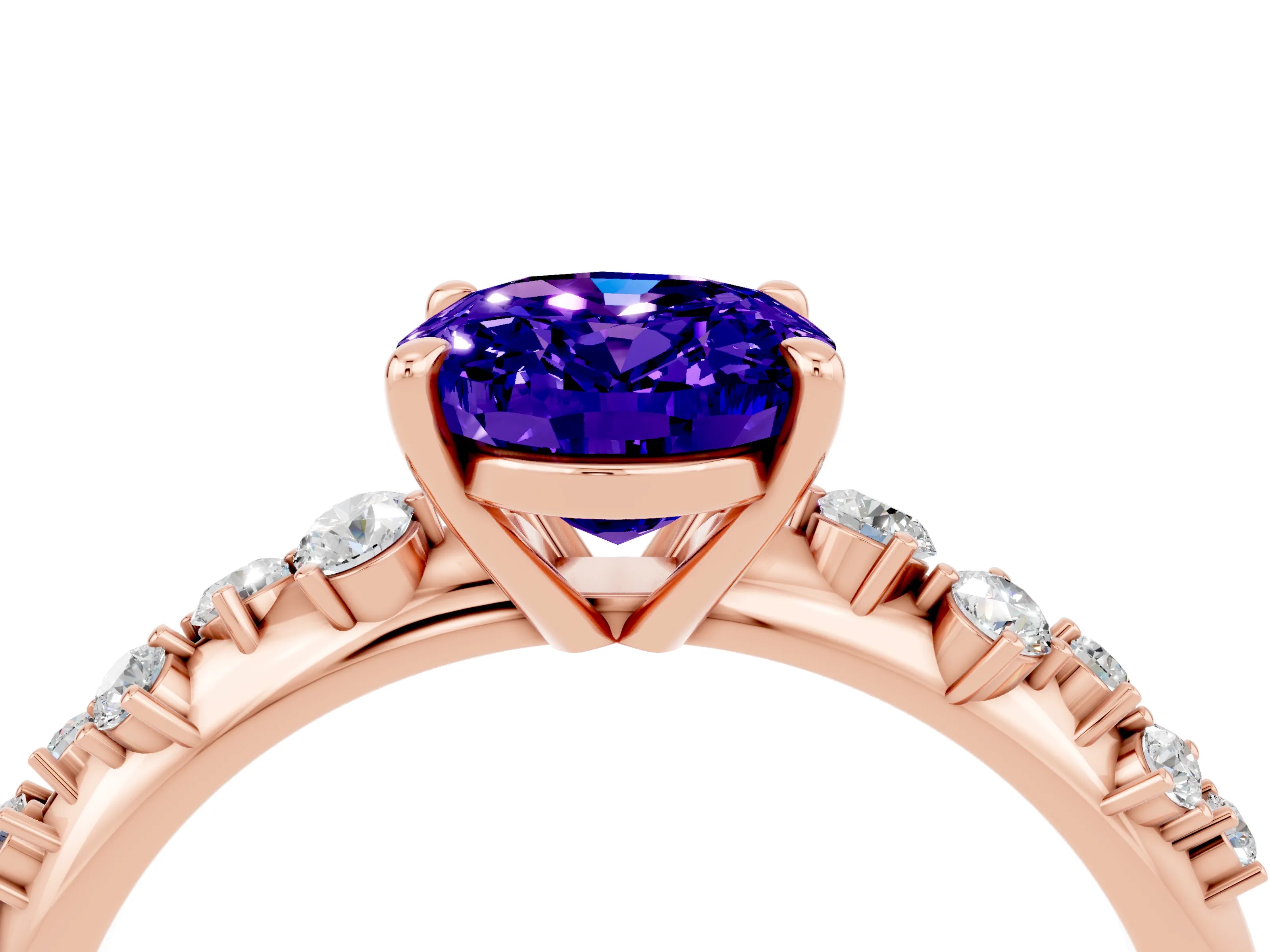 Rose gold Oval Cut Tanzanite Cluster Side Stone Solitaire Ring with Prong Setting_28
