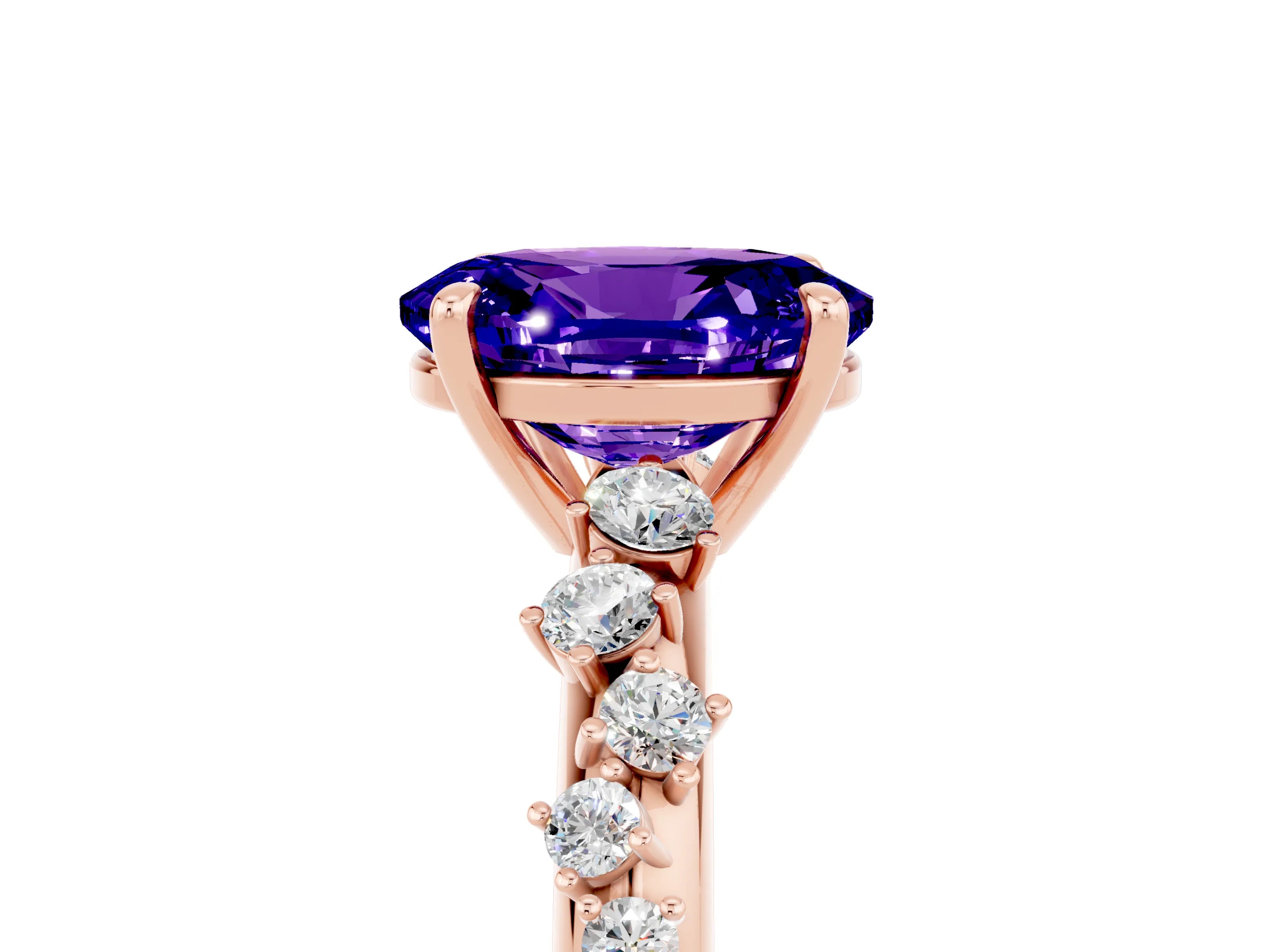 Rose gold Oval Cut Tanzanite Cluster Side Stone Solitaire Ring with Prong Setting_29