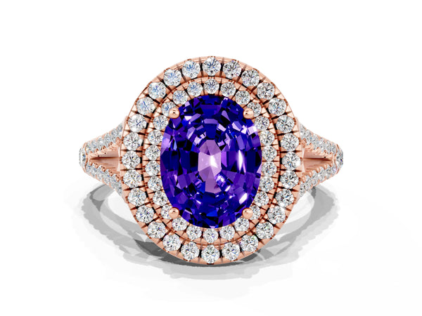 Rose gold Oval Cut Tanzanite Double Halo Ring with Pavé Band and Prong Setting