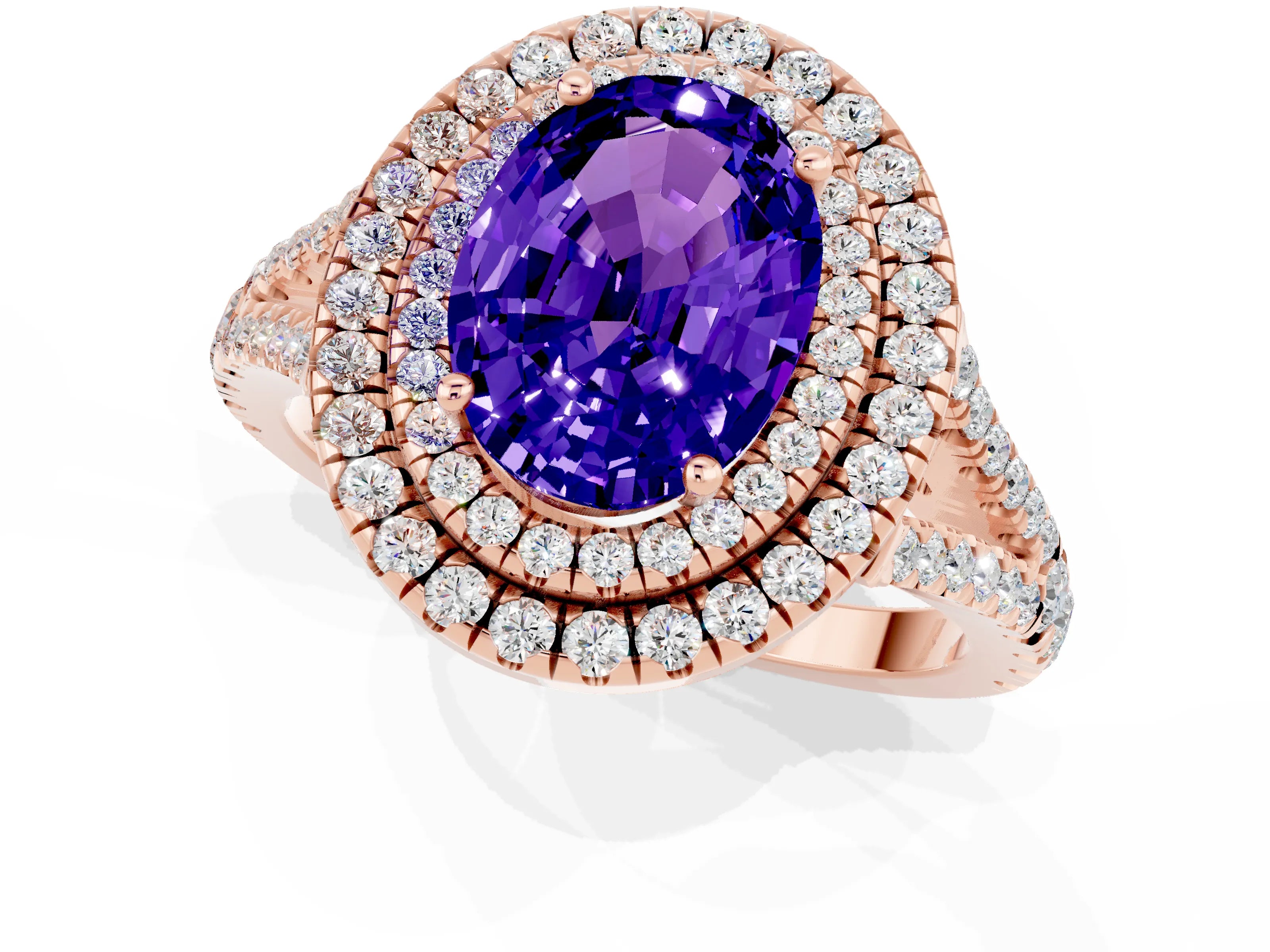 Rose gold Oval Cut Tanzanite Double Halo Ring with Pavé Band and Prong Setting_13