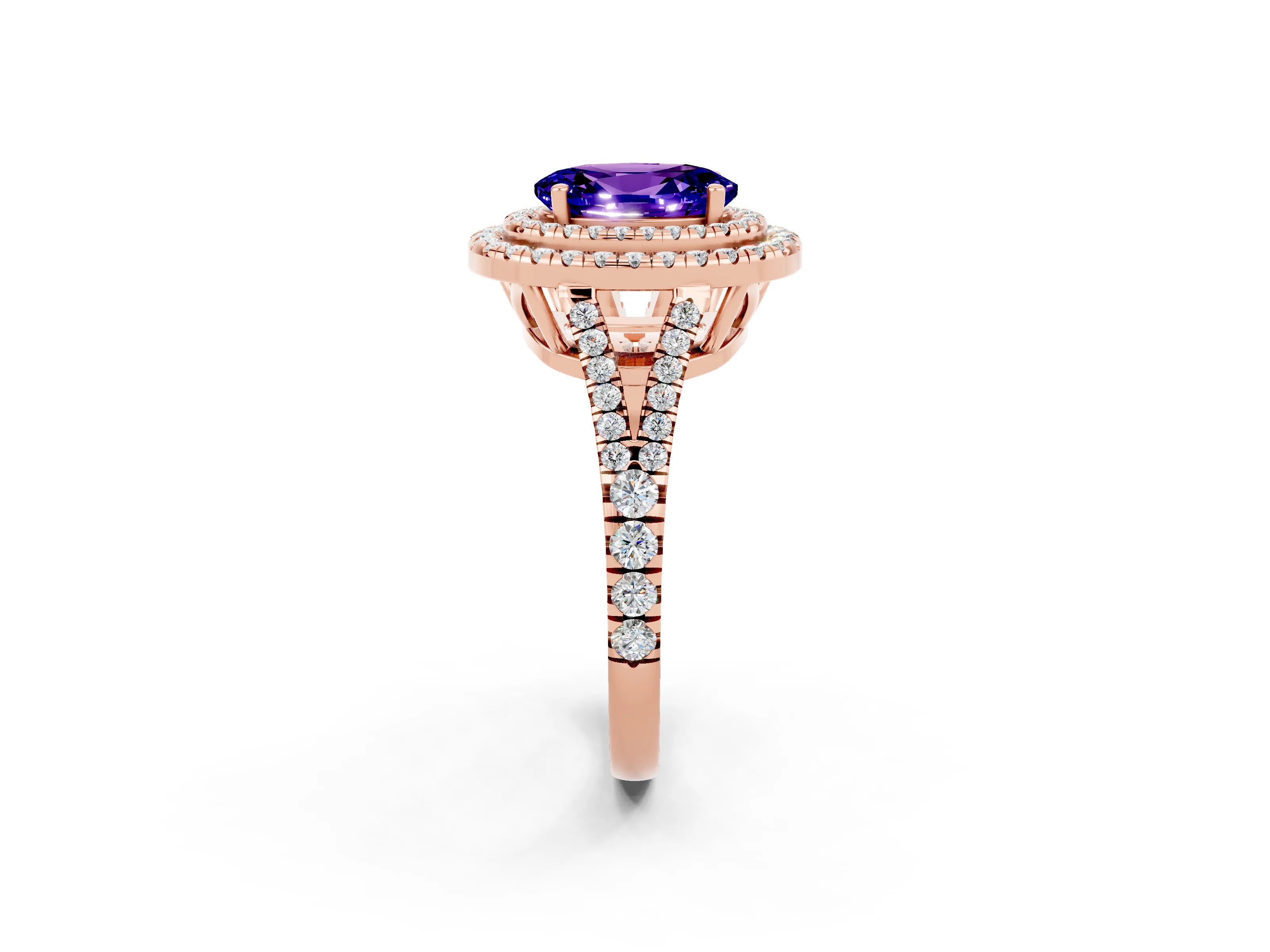 Rose gold Oval Cut Tanzanite Double Halo Ring with Pavé Band and Prong Setting_14