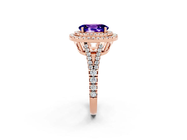 Rose gold Oval Cut Tanzanite Double Halo Ring with Pavé Band and Prong Setting