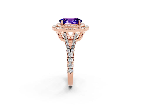 Rose gold Oval Cut Tanzanite Double Halo Ring with Pavé Band and Prong Setting_14