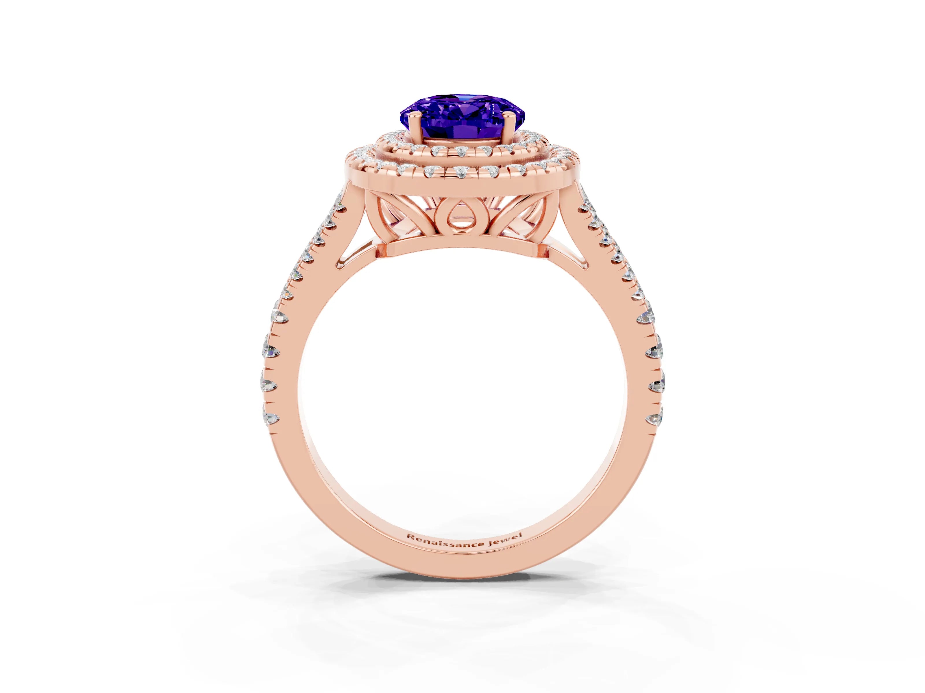 Rose gold Oval Cut Tanzanite Double Halo Ring with Pavé Band and Prong Setting_15