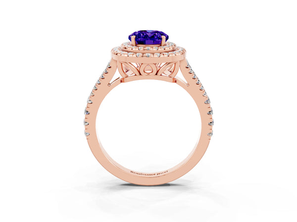 Rose gold Oval Cut Tanzanite Double Halo Ring with Pavé Band and Prong Setting