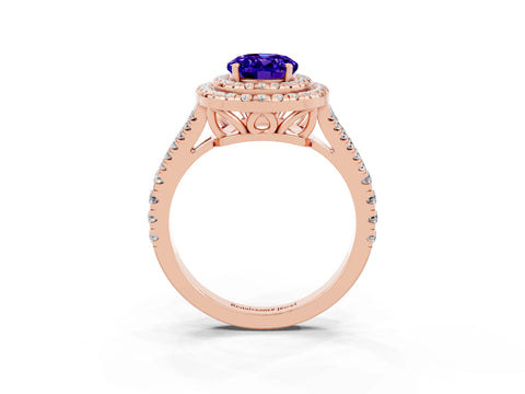 Rose gold Oval Cut Tanzanite Double Halo Ring with Pavé Band and Prong Setting_15
