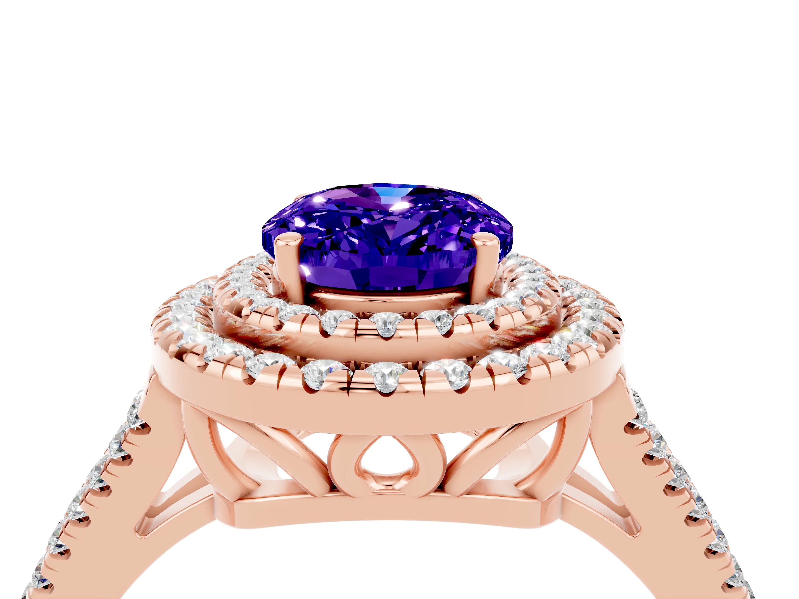 Rose gold Oval Cut Tanzanite Double Halo Ring with Pavé Band and Prong Setting_16