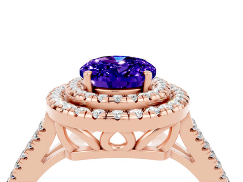 Rose gold Oval Cut Tanzanite Double Halo Ring with Pavé Band and Prong Setting_16
