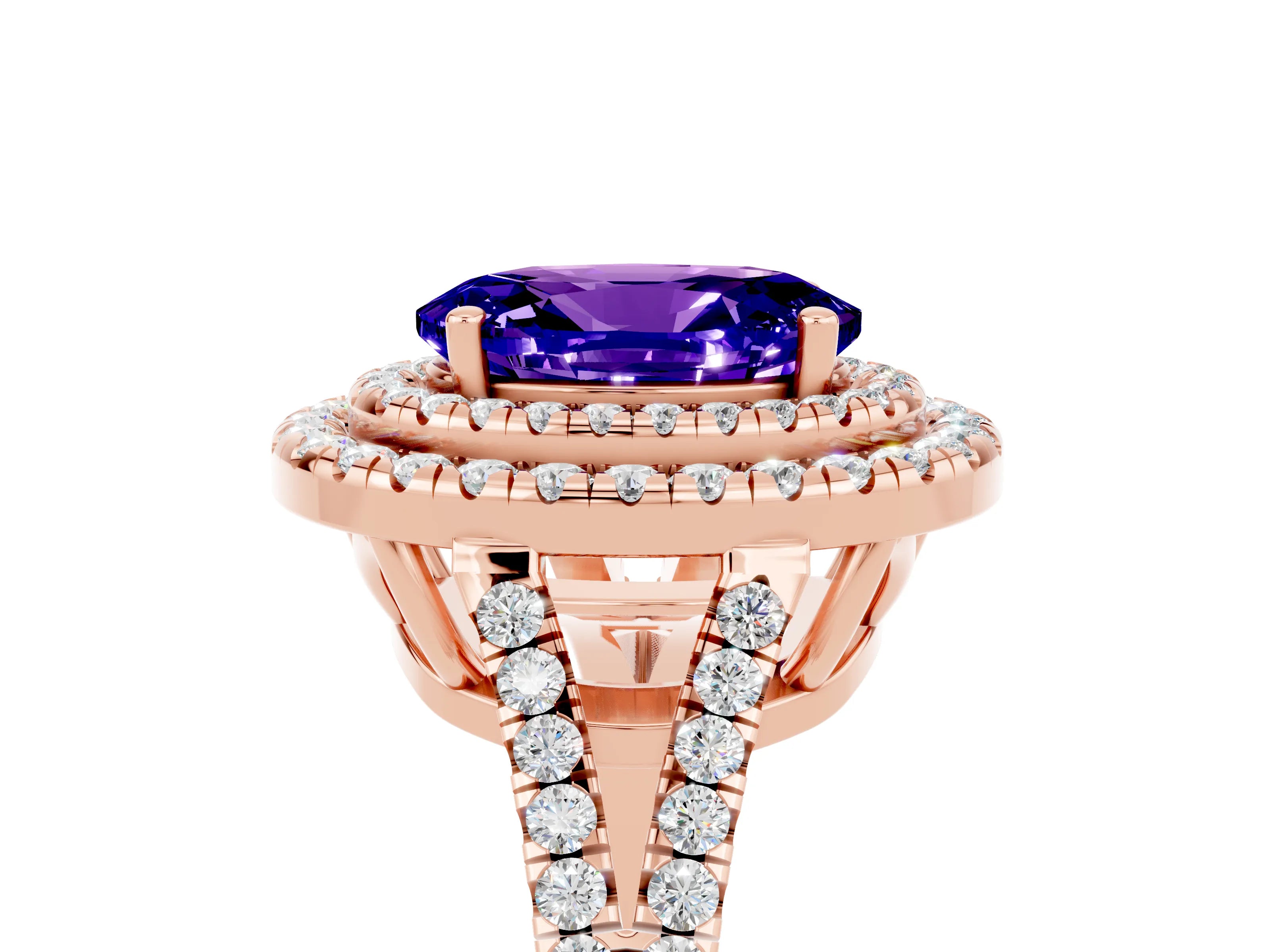 Rose gold Oval Cut Tanzanite Double Halo Ring with Pavé Band and Prong Setting_17