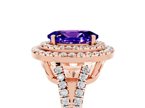Rose gold Oval Cut Tanzanite Double Halo Ring with Pavé Band and Prong Setting_17