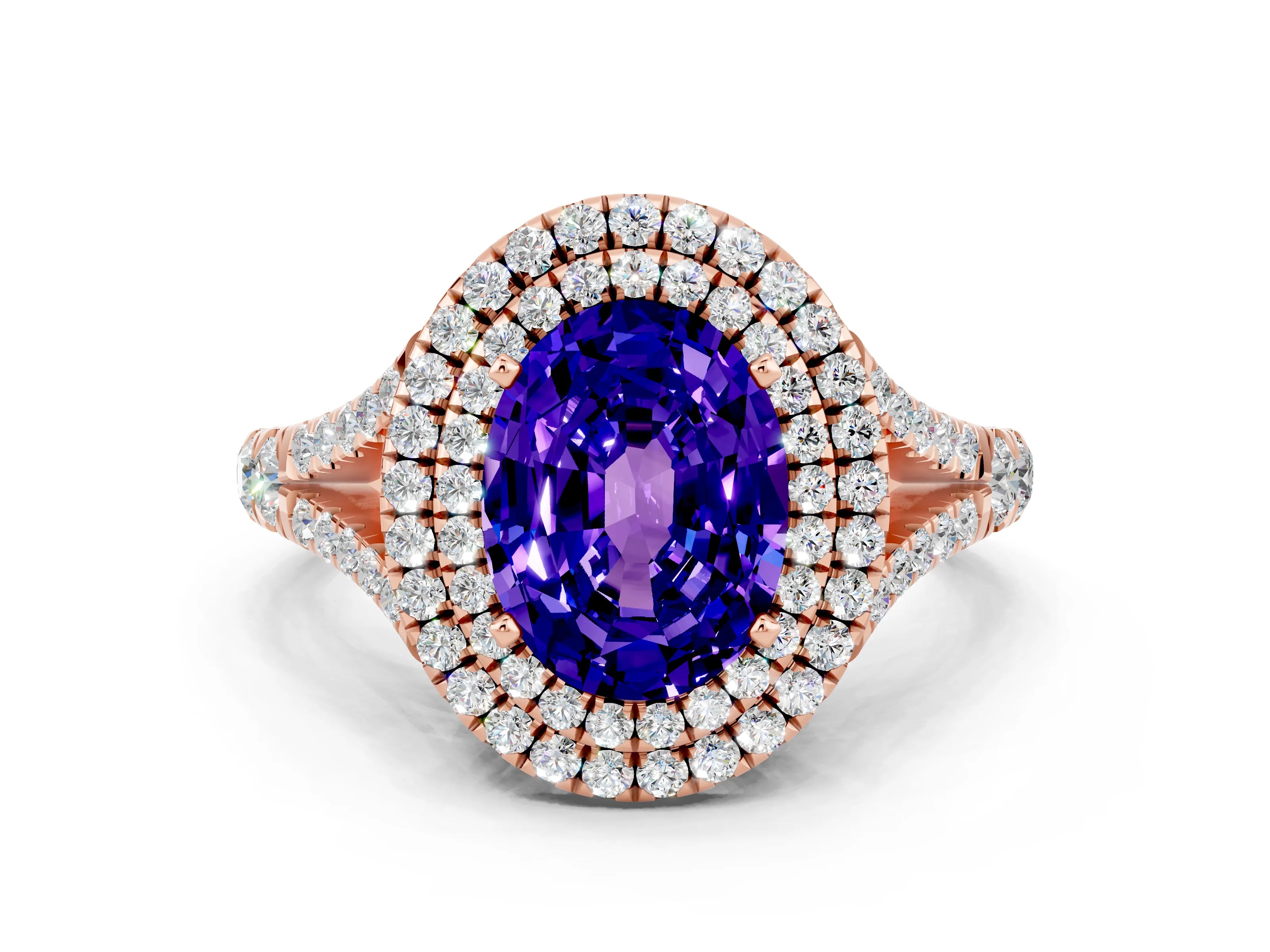 Rose gold Oval Cut Tanzanite Double Halo Ring with Split Shank and Prong Setting_12