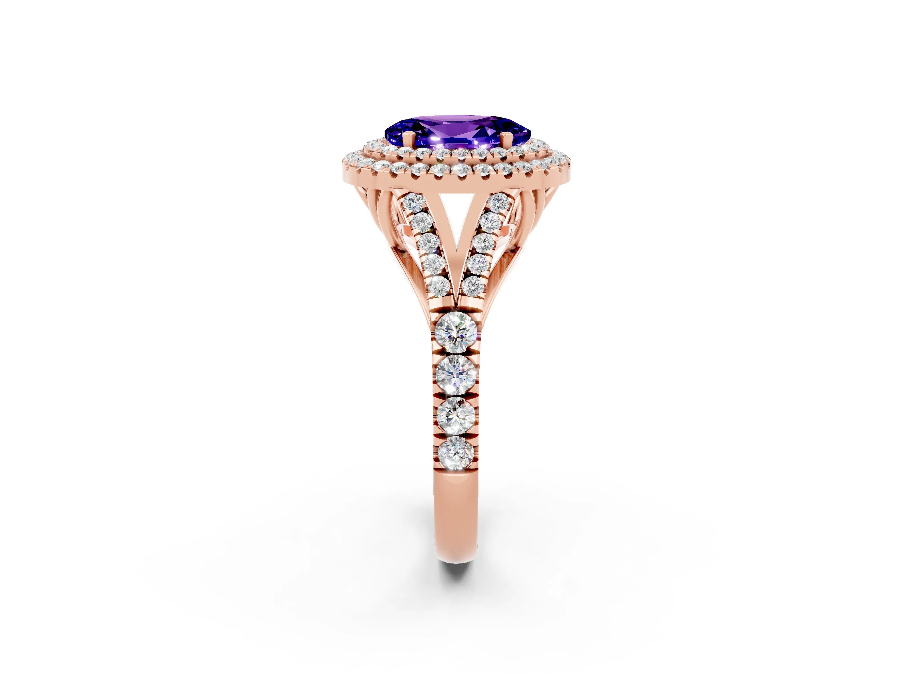 Rose gold Oval Cut Tanzanite Double Halo Ring with Split Shank and Prong Setting_14