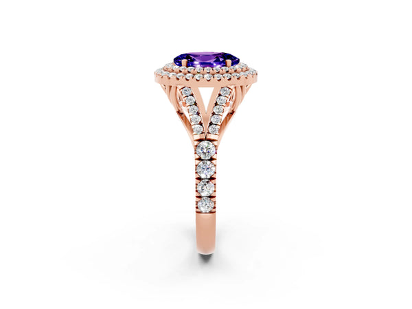 Rose gold Oval Cut Tanzanite Double Halo Ring with Split Shank and Prong Setting