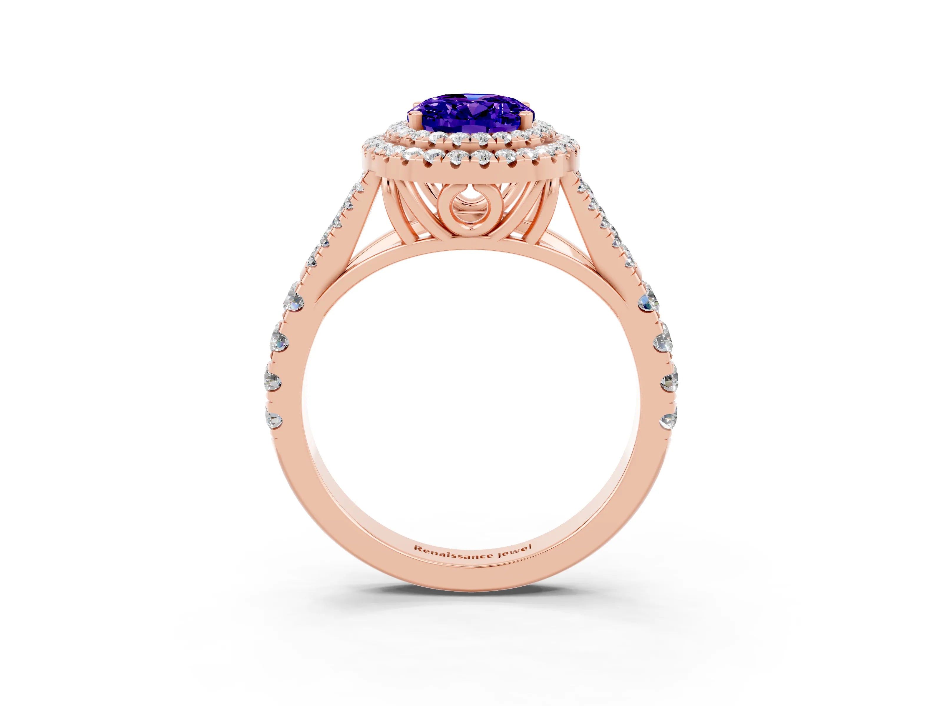 Rose gold Oval Cut Tanzanite Double Halo Ring with Split Shank and Prong Setting_15