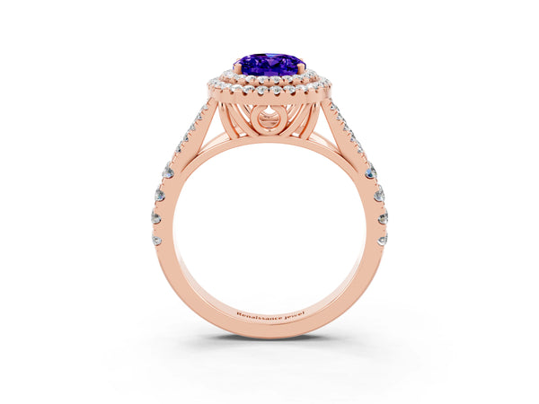 Rose gold Oval Cut Tanzanite Double Halo Ring with Split Shank and Prong Setting