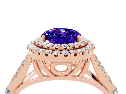 Rose gold Oval Cut Tanzanite Double Halo Ring with Split Shank and Prong Setting_16