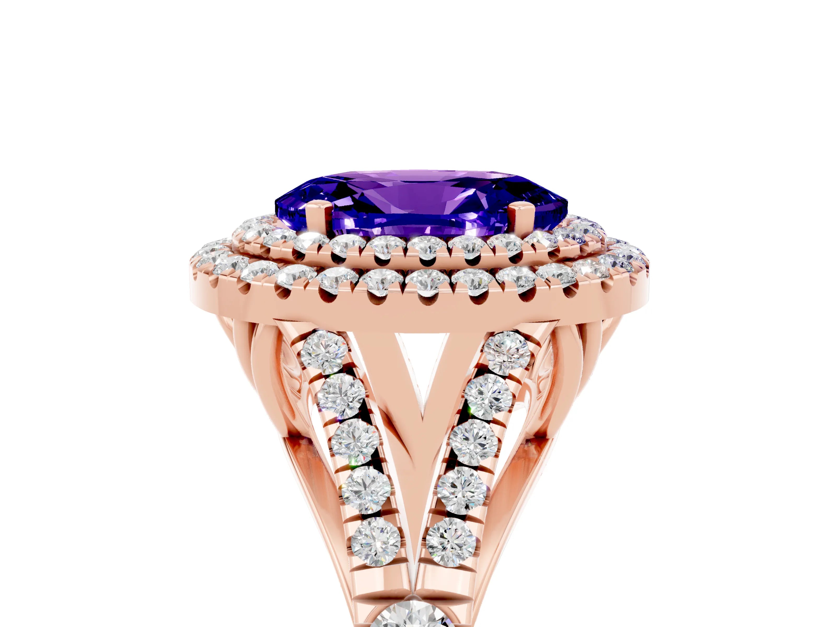 Rose gold Oval Cut Tanzanite Double Halo Ring with Split Shank and Prong Setting_17