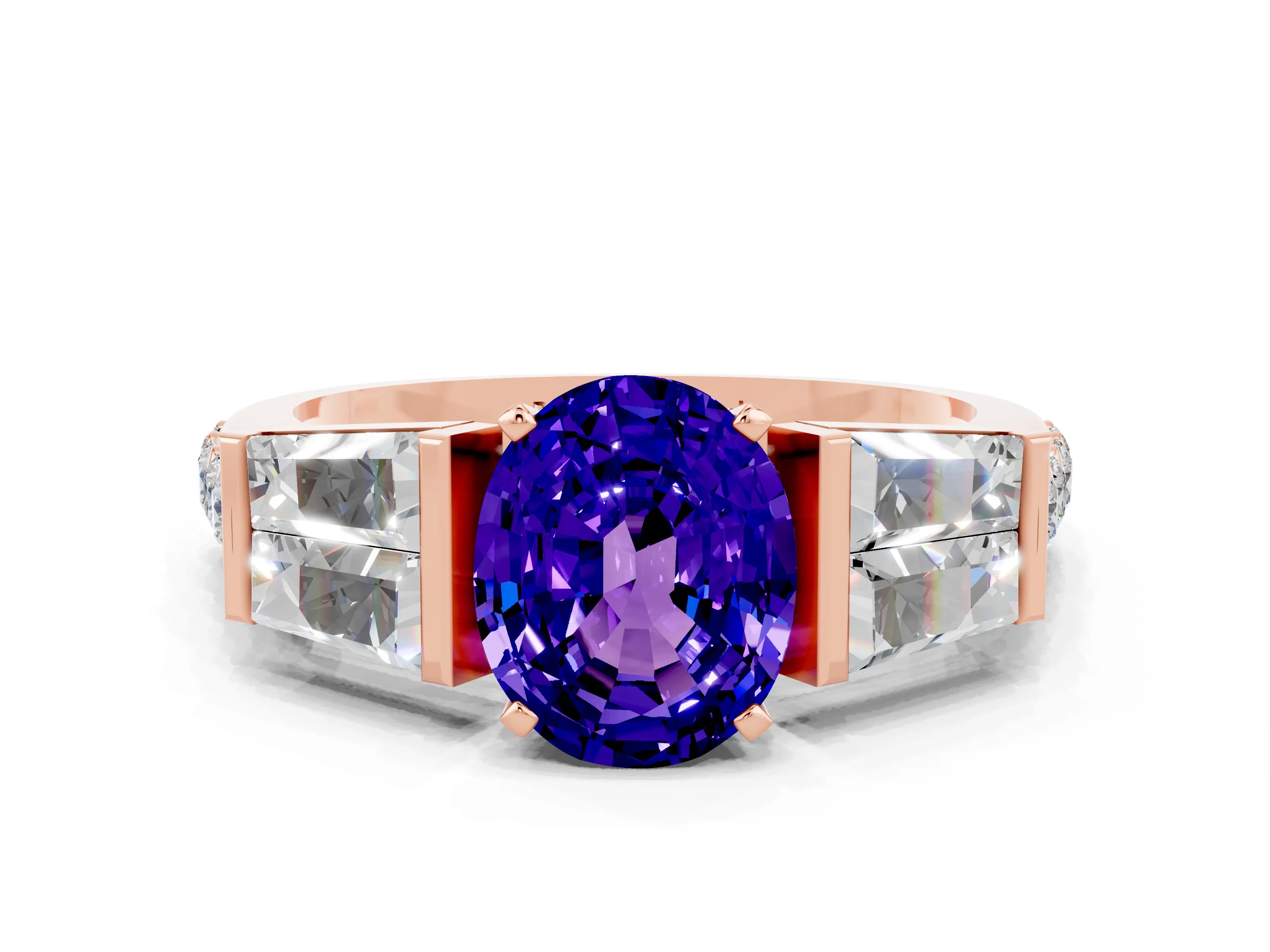 Rose gold Oval Cut Tanzanite Engagement Ring with Baguette Side Stones and Channel Set Band