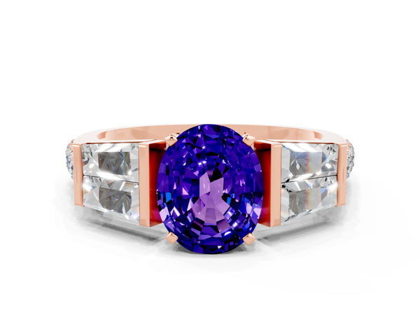 Rose gold Oval Cut Tanzanite Engagement Ring with Baguette Side Stones and Channel Set Band