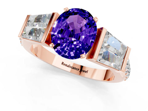 Rose gold Oval Cut Tanzanite Engagement Ring with Baguette Side Stones and Channel Set Band_1
