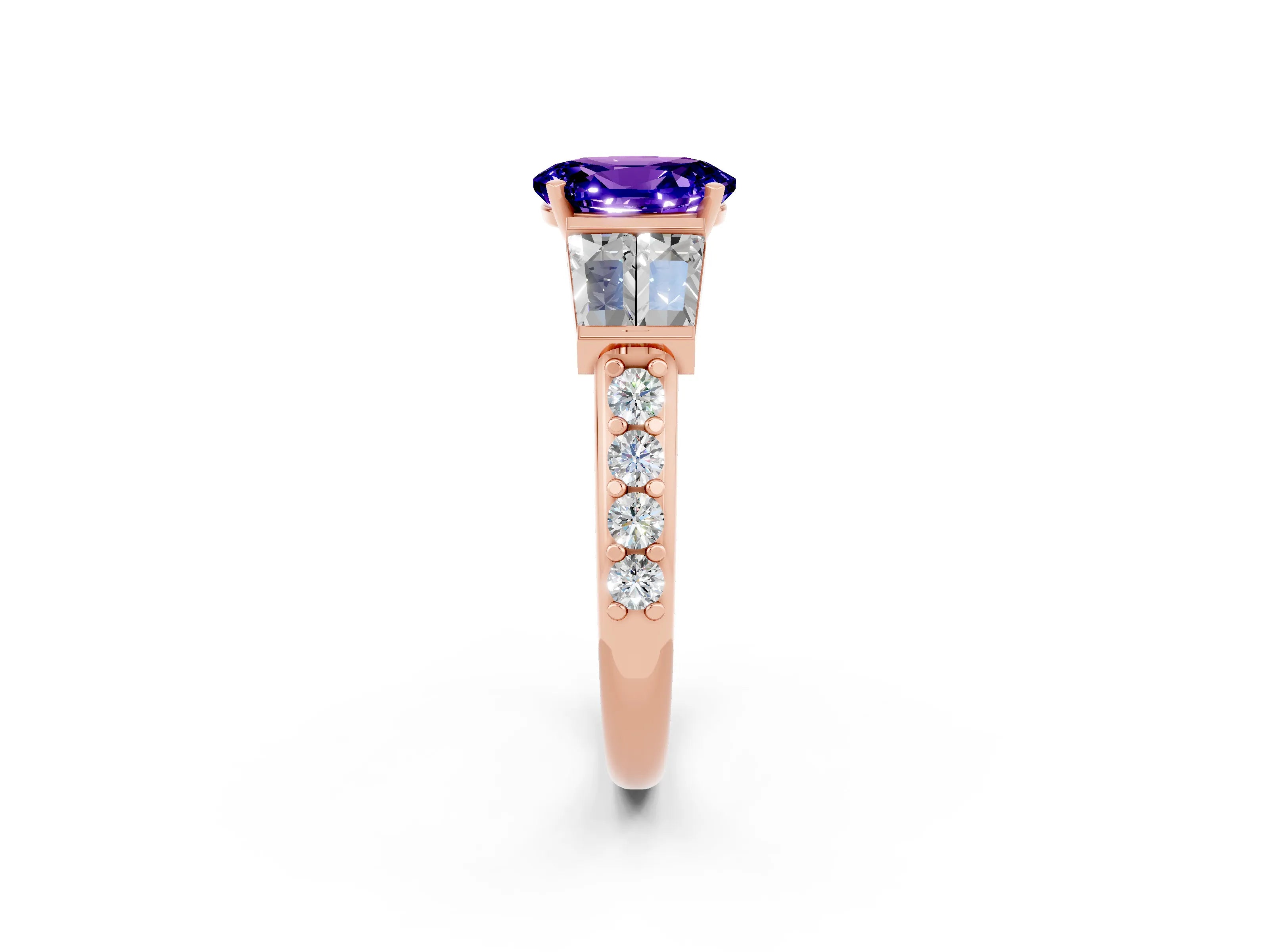 Rose gold Oval Cut Tanzanite Engagement Ring with Baguette Side Stones and Channel Set Band_2
