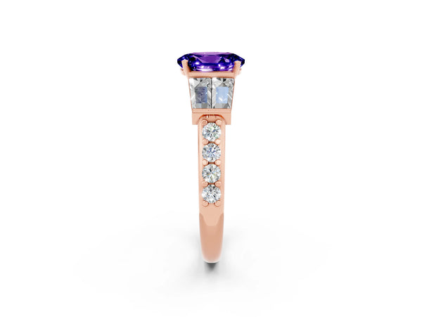 Rose gold Oval Cut Tanzanite Engagement Ring with Baguette Side Stones and Channel Set Band