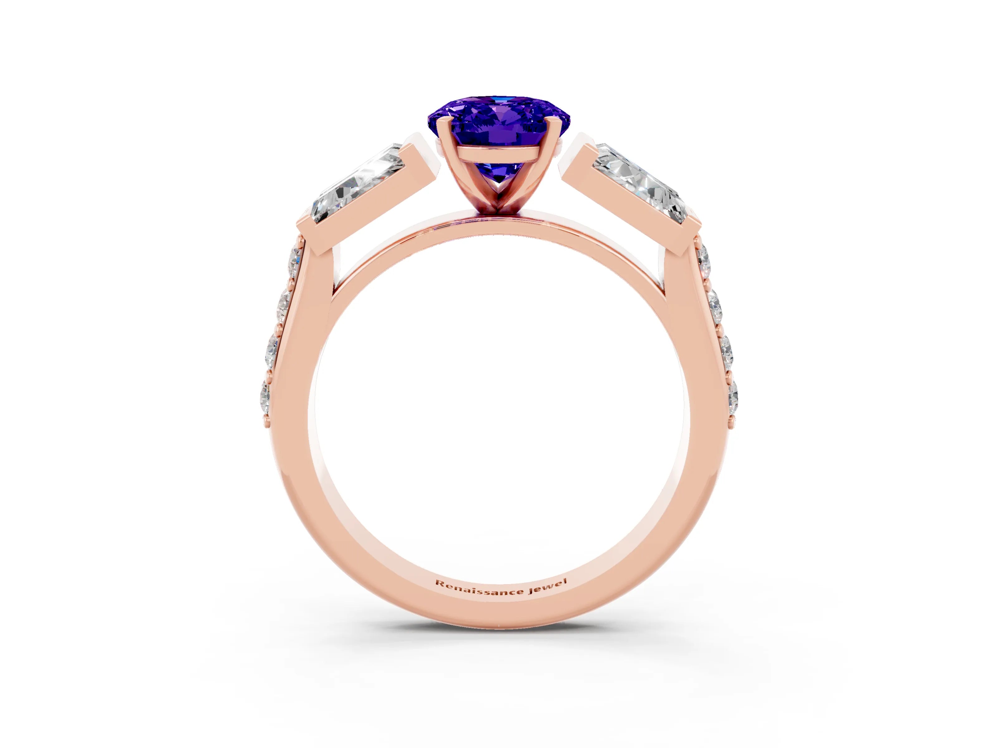 Rose gold Oval Cut Tanzanite Engagement Ring with Baguette Side Stones and Channel Set Band_3