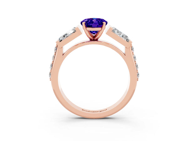 Rose gold Oval Cut Tanzanite Engagement Ring with Baguette Side Stones and Channel Set Band