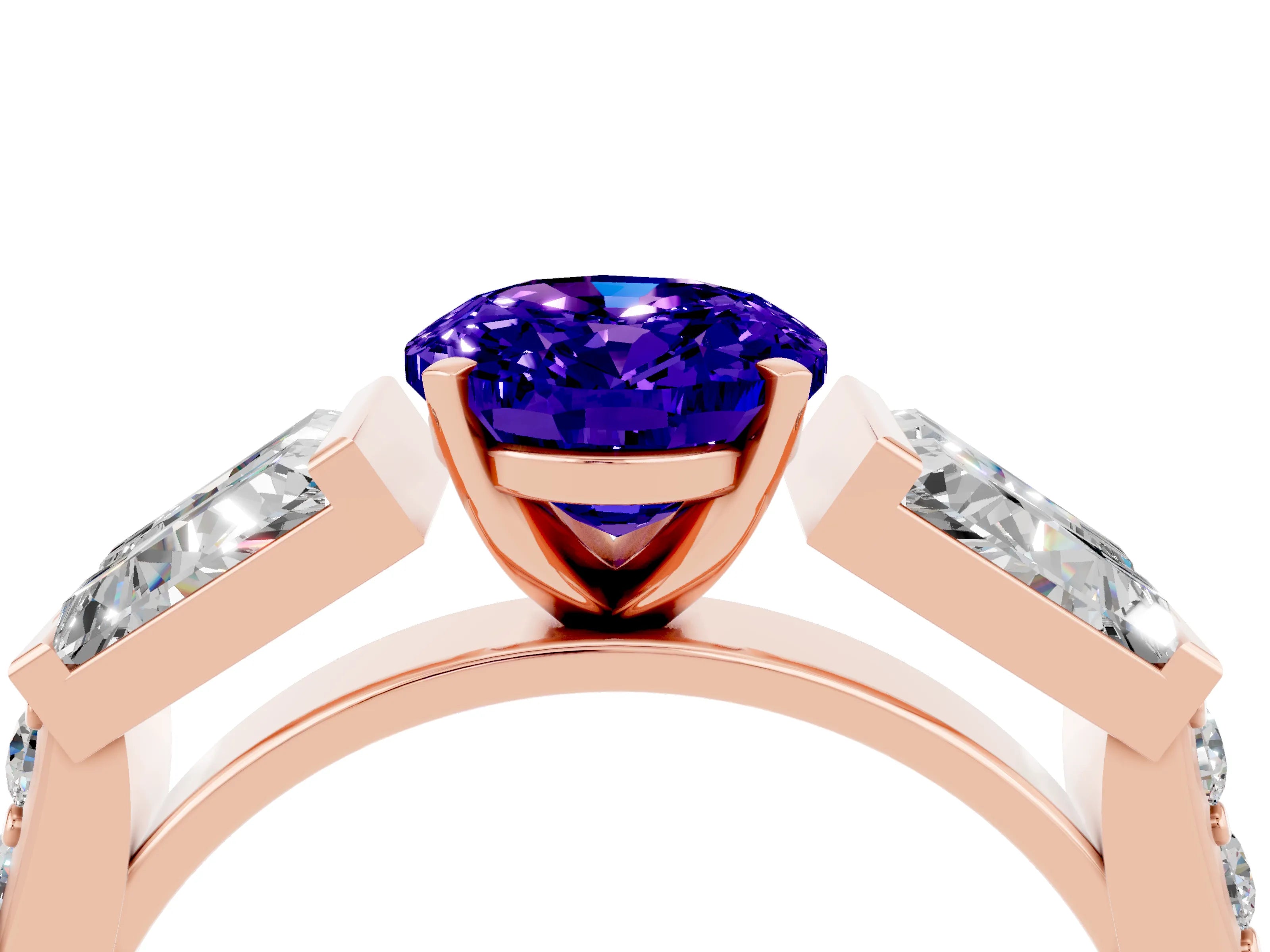 Rose gold Oval Cut Tanzanite Engagement Ring with Baguette Side Stones and Channel Set Band_4