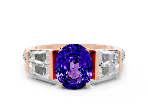 Rose gold Oval Cut Tanzanite Engagement Ring with Baguette Side Stones and Channel Set Band