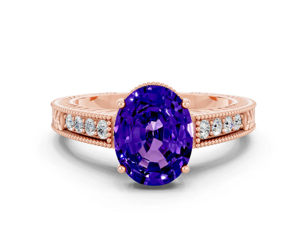 Rose gold Oval Cut Tanzanite Engagement Ring with Milgrain Channel Set Band and Prong Setting
