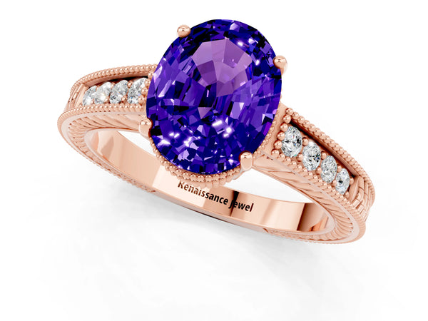 Rose gold Oval Cut Tanzanite Engagement Ring with Milgrain Channel Set Band and Prong Setting