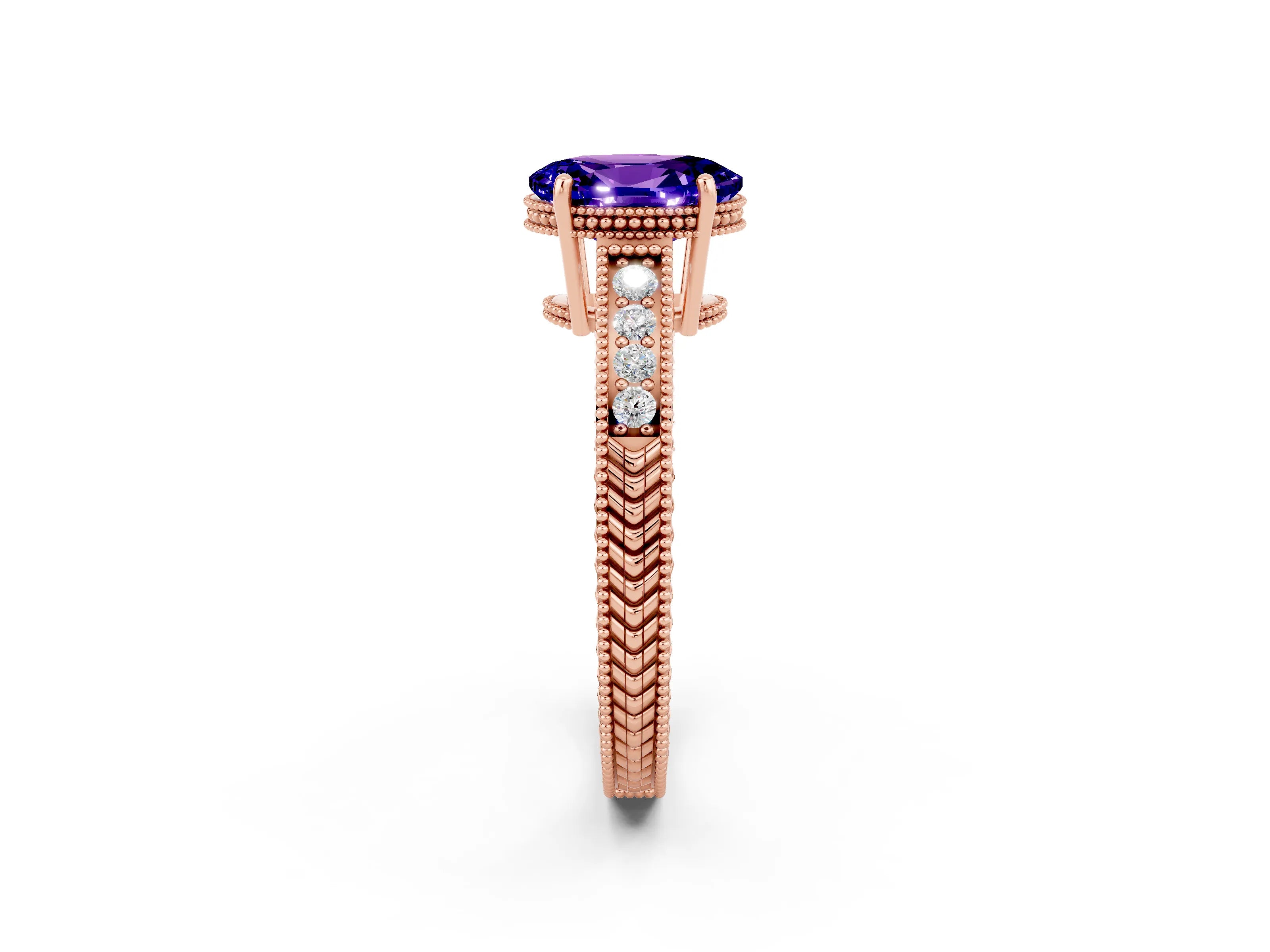 Rose gold Oval Cut Tanzanite Engagement Ring with Milgrain Channel Set Band and Prong Setting_2
