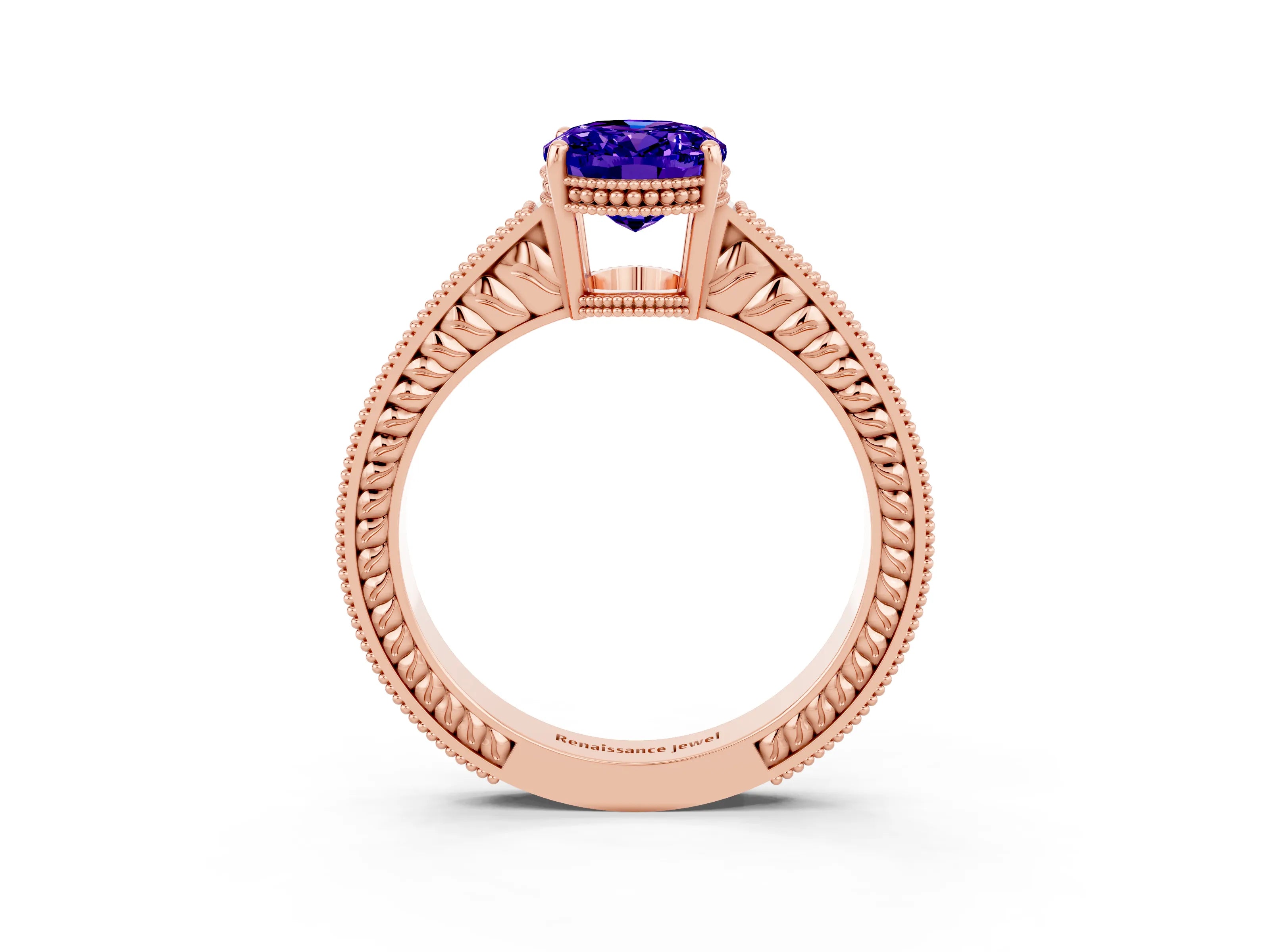 Rose gold Oval Cut Tanzanite Engagement Ring with Milgrain Channel Set Band and Prong Setting_3